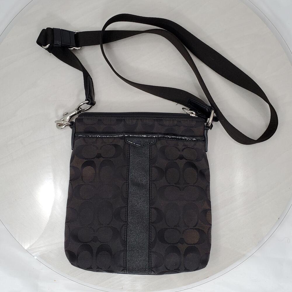 Coach Signature Stripe Jacquard Swingpack Crossbody Bag Black Small Logo